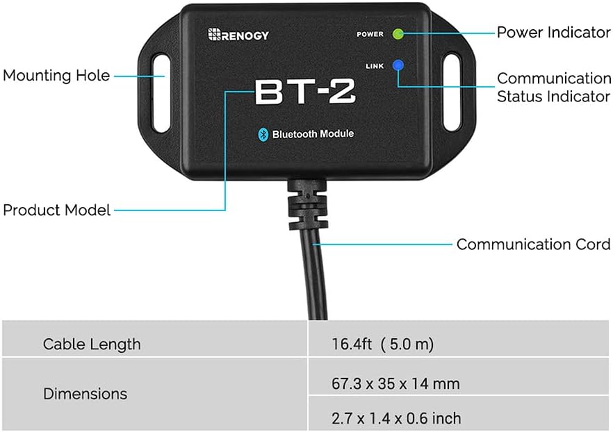 Renogy BT-2 Bluetooth Module RJ45 Communication Port Wirelessly Monitor Real-time Insight Precise Control, Compatible Solar Charge Controllers, Battery Charger, Inverter, BT-2 RS485