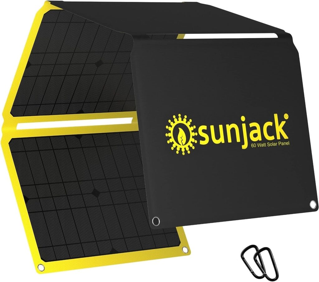 SunJack 60 Watt Foldable IP67 Waterproof ETFE Monocrystalline Portable Solar Panel with DC/USB QC3.0/Type-C for Cell Phones, Laptops, Power Stations for Backpacking, Camping, Hiking and More