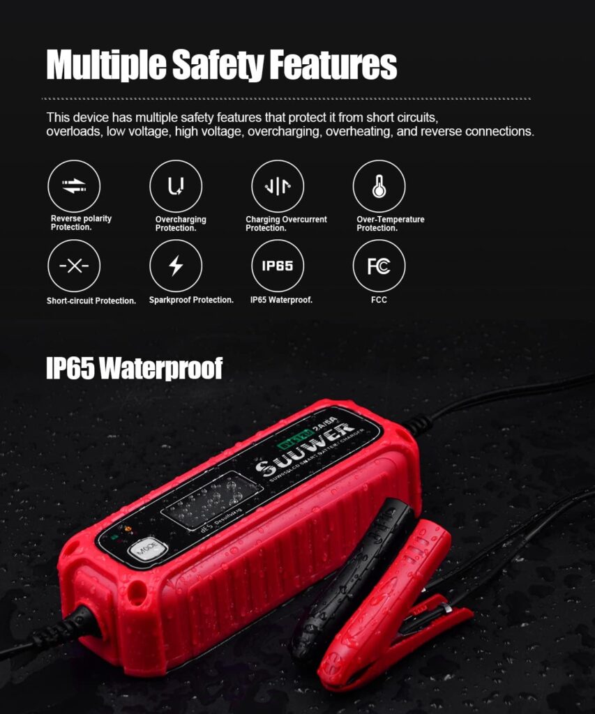 Suuwer Smart Battery Charger 2.0A/ 5.0A for 6V12V Lead-Acid  Lithium (LiFePO4) Motorcycles Cars Rvs Atvs and More. with LCD Display, IP65 Water-Proof