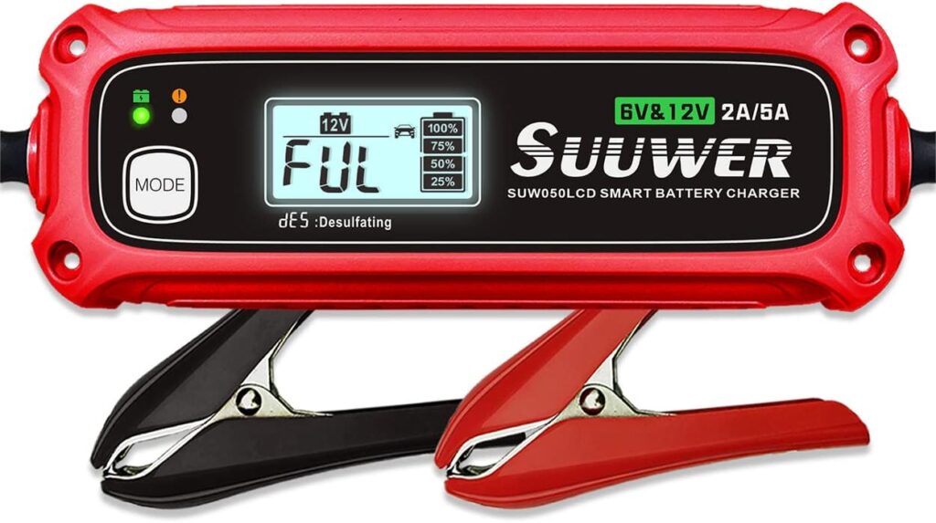 Suuwer Smart Battery Charger 2.0A/ 5.0A for 6V12V Lead-Acid  Lithium (LiFePO4) Motorcycles Cars Rvs Atvs and More. with LCD Display, IP65 Water-Proof