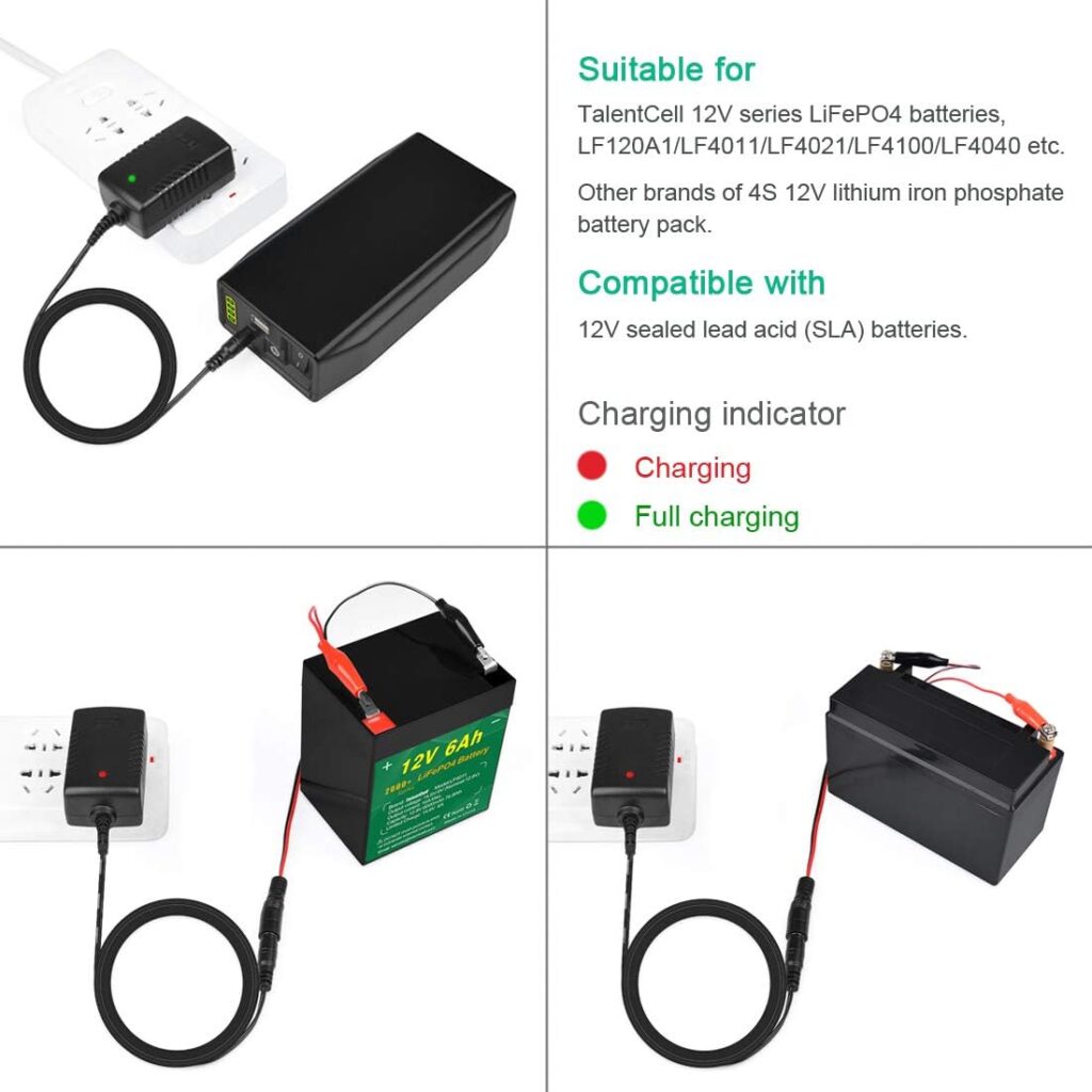 TalentCell AC/DC 14.6V/1.5A LiFePO4 Battery Charger with Dual Alligator Clips Connector for 4S 12V Rechargeable Lithium Iron Phosphate Battery Pack