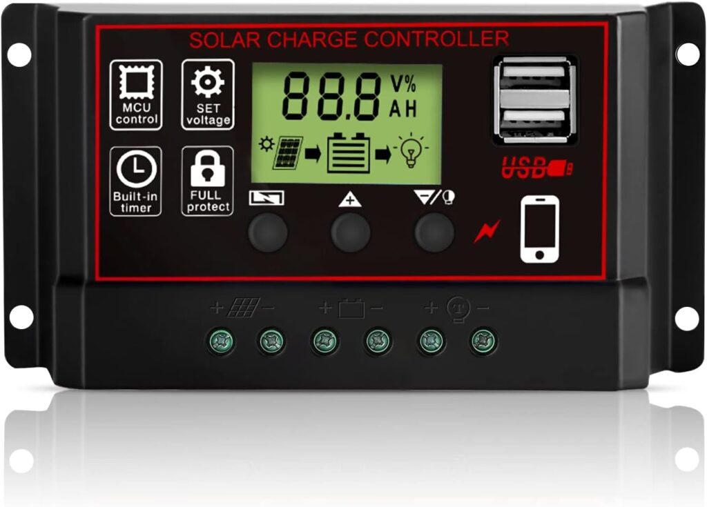 WERCHTAY 60A Solar Charge Controller 12v/ 24v PWM Solar Panel Charge Controller Intelligent Regulator with 5v Dual USB Port Display Adjustable Parameter LCD Display and Timer Setting ON/Off Hours