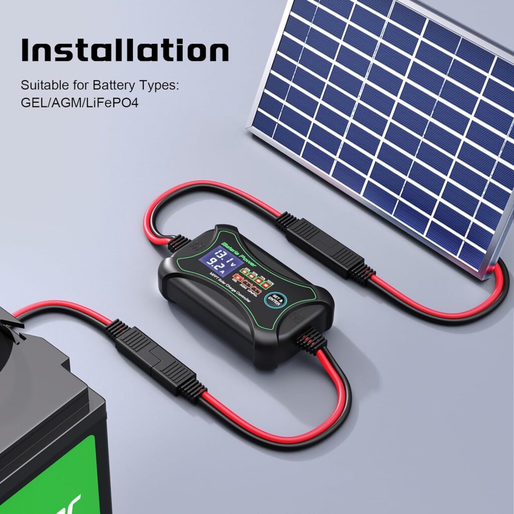 10A MPPT Wireless Solar Charge Controller with BT, Bateria Power 12 Volt Phone APP Intelligent Control Solar Regulator with LCD Display, LED Indicate Light for Gel AGM Lithium LiFePO4(Sunrock 10Pro)