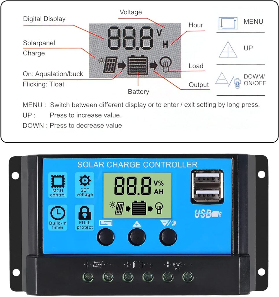 30A Solar Charge Controller 12V/ 24V Solar Panel Charge Controller Intelligent Regulator with 5V Dual USB Port Display Adjustable Parameter LCD Display and Timer Setting ON/Off Hours