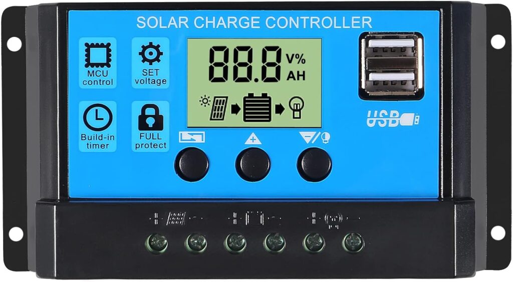 30A Solar Charge Controller 12V/ 24V Solar Panel Charge Controller Intelligent Regulator with 5V Dual USB Port Display Adjustable Parameter LCD Display and Timer Setting ON/Off Hours