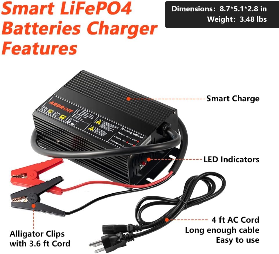 Ardroit 14.6V 30A Lithium Battery Charger LifePO4 Battery Charger Intelligent AC-DC Trickle Charger for 12V LiFePO4 Lithium-Iron LiFePO4 Battery Recharging