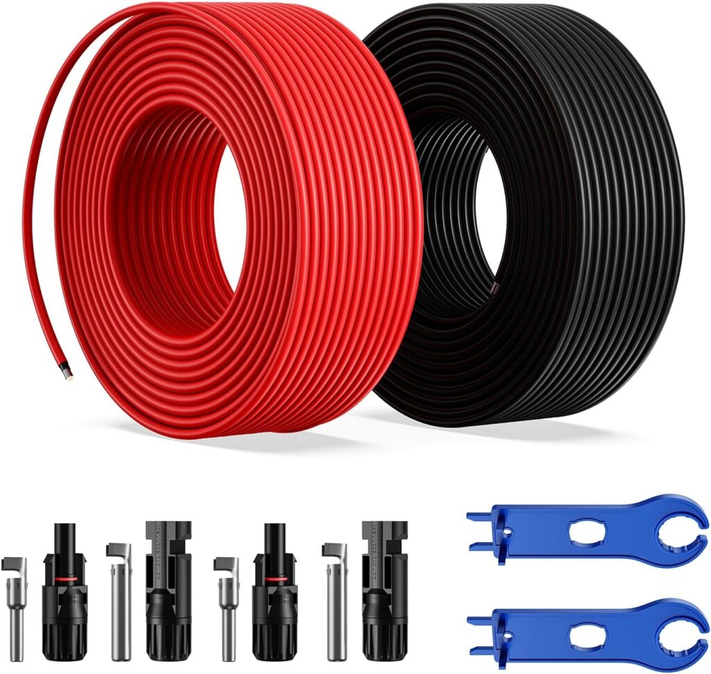 Bateria Power Solar Panel Extension Cable 10AWG(6mm²) with Female and Male Connectors with Extra Free Spanners, PV Solar Extension Wire Solar Panel Adaptor Kit Tool(100FT Red + 100FT Black)