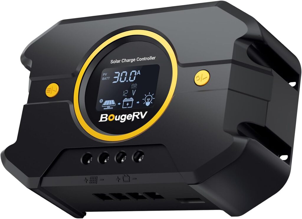 BougeRV Li 30A PWM Solar Charge Controller 12V 24V, with Backlit Display, USB Port, Negative Ground Battery Intelligent Regulator for Solar Panels Compatible with LFP, AGM, SLD, FLA, for RV, Off-Gird