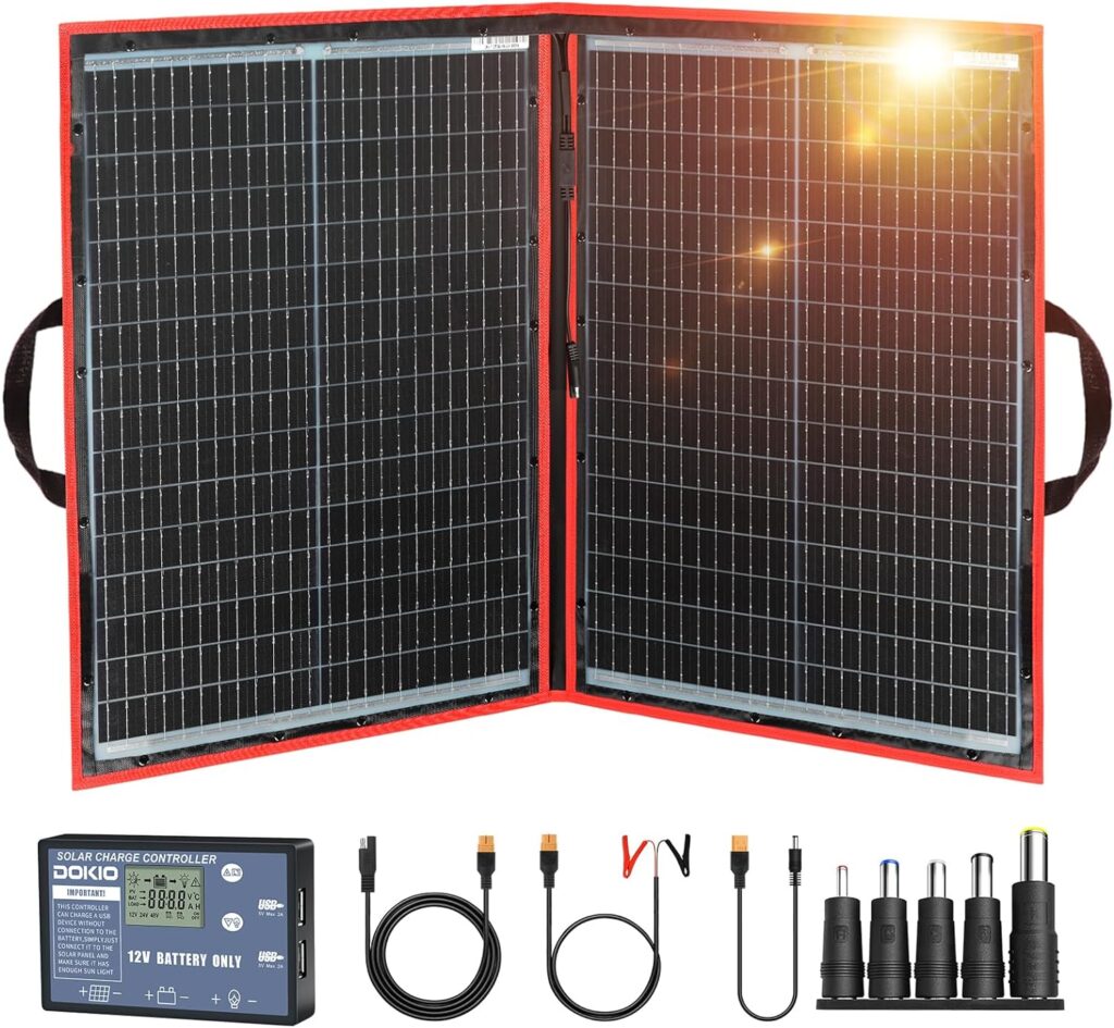 Dokio 110w 18v Portable Foldable Solar Panel Kit (21x28inch, 5.9lb),Solar Controller 2 USB Output to Charge 12v Batteries/Power Station (AGM, Lifepo4,Jackery) Rv Camping Trailer Emergency Power