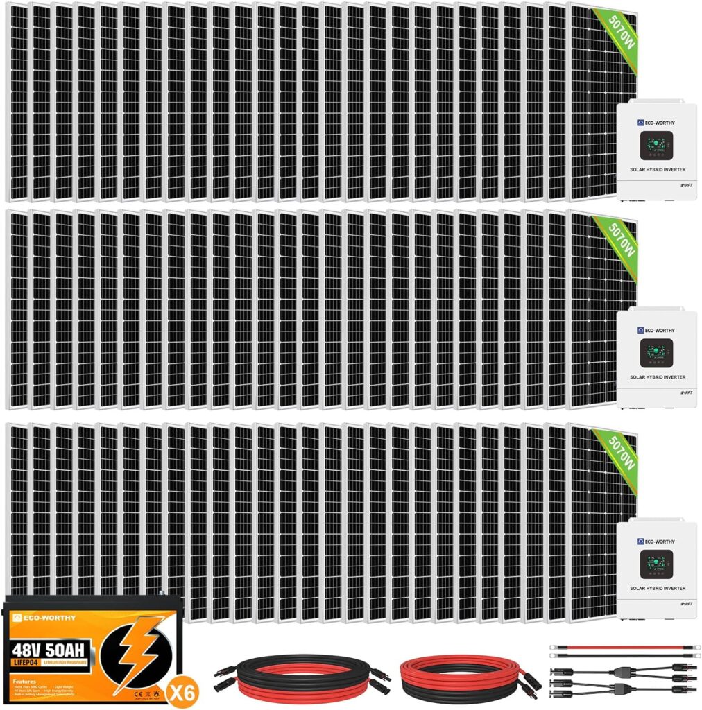 ECO-WORTHY 60KWH 15000W 48V Solar Power Complete Kit for Home Shed: 78pcs 195W Mono Solar Panel + 3pcs 5000W 48V Split Phase MPPT Solar Hybrid Inverter + 6pcs 48V 50AH Lithium Battery(15KWH)