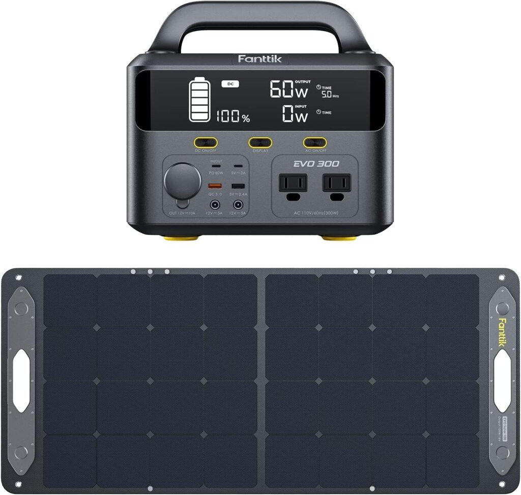Fanttik EVO 300 Portable Power Station with 100W Solar Panel, 299Wh Backup Power Supply with Ultra Large Digital Screen, 2 AC 110V/300W (Peak 600W) Pure Sine Wave Outlets, for Outdoors Camping Travel