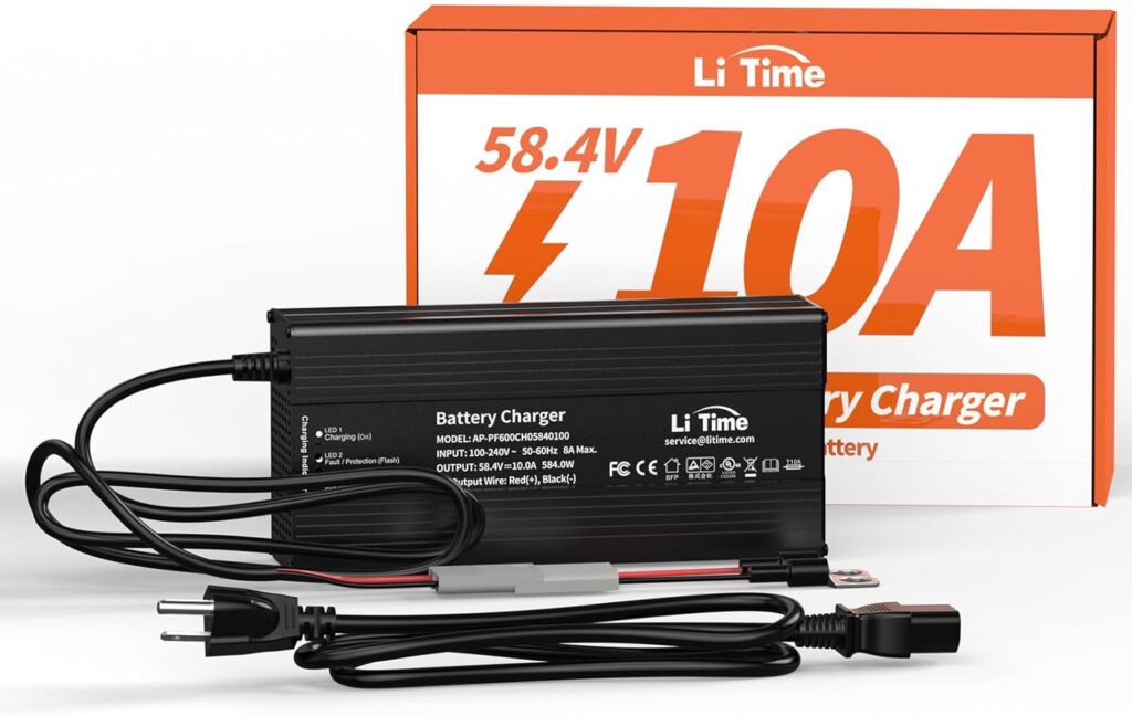 LiTime Lithium Battery Charger 48V 10A LiFePO4 Battery Charger with 0V Smart Charge Function 58.4V 10A AC-DC Lithium Iron Deep Cycle Battery Charger with Wire Lugs and Cooling Fan for 51.2V Battery