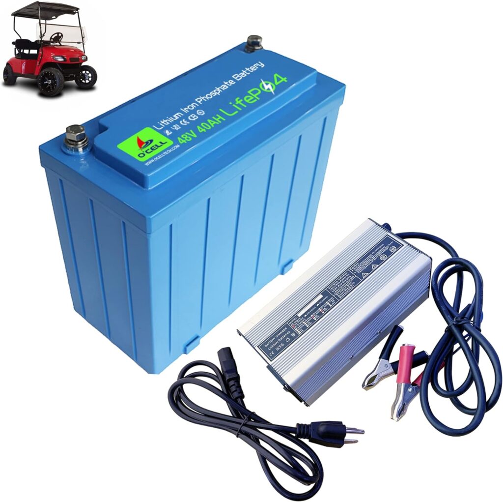 OCELL 48V 40Ah LiFePO4 Battery with 58.4V 5A Dedicated Lithium Battery Charger; Built-in 80A BMS, 4000+ Cycles, 10+ Years Lifetime,for Golf Cart 4096W Power, Ebike, RVs, Off-Grid Applications, Marine