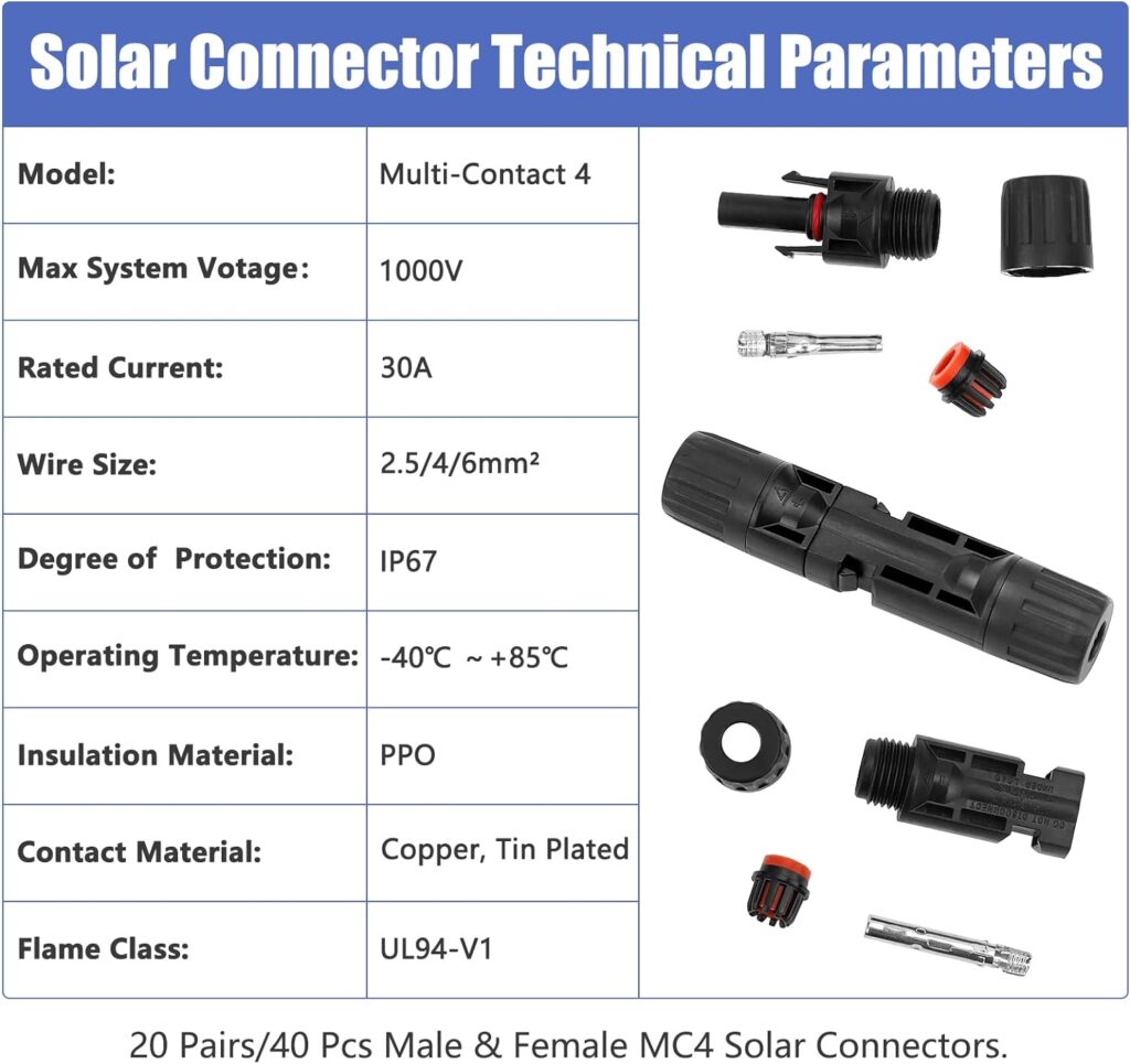 PRECIHW 12 Pairs Solar Panel Cable Connectors, Multi-Contact 4 Solar Connectors, IP67 1000V 30A Waterproof Male/Female Solar Panel Cable Connectors for 2.5/4/6mm² with 2 Pack Wrenches