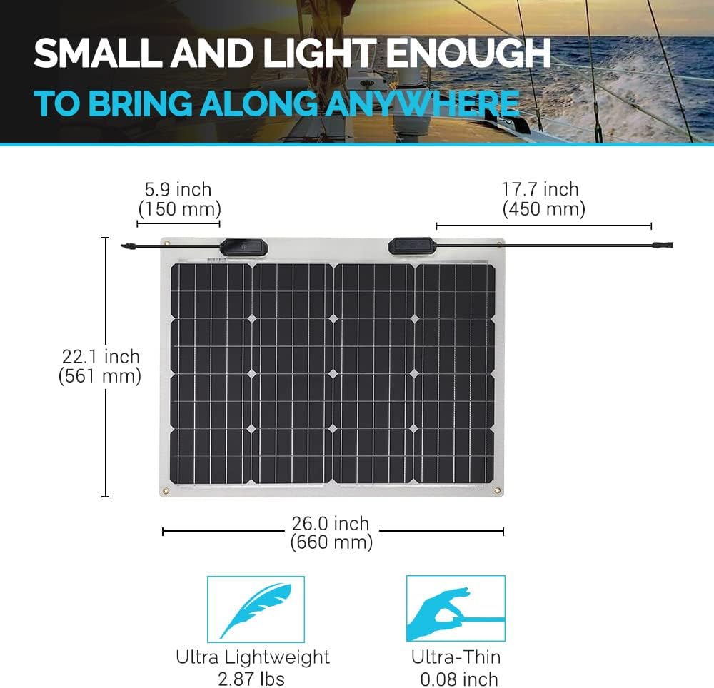 Renogy Solar Panel 200W 12V Lightweight Monocrystalline Semi-Flexible Bendable Mono Off-Grid Charger for Marine RV Cabin Van Car Uneven Surfaces