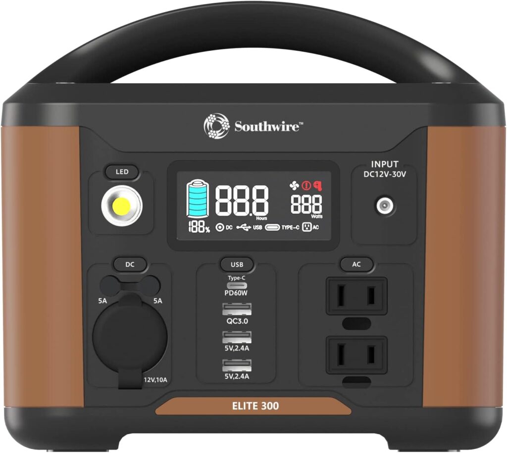 Southwire Elite 300 Series, 296Wh Backup Lithium Battery, 120V/300W Pure Sine Wave AC Outlet, Solar Generator (Solar Panel Not Included) for Camping, Travel, RV, Outdoors and more