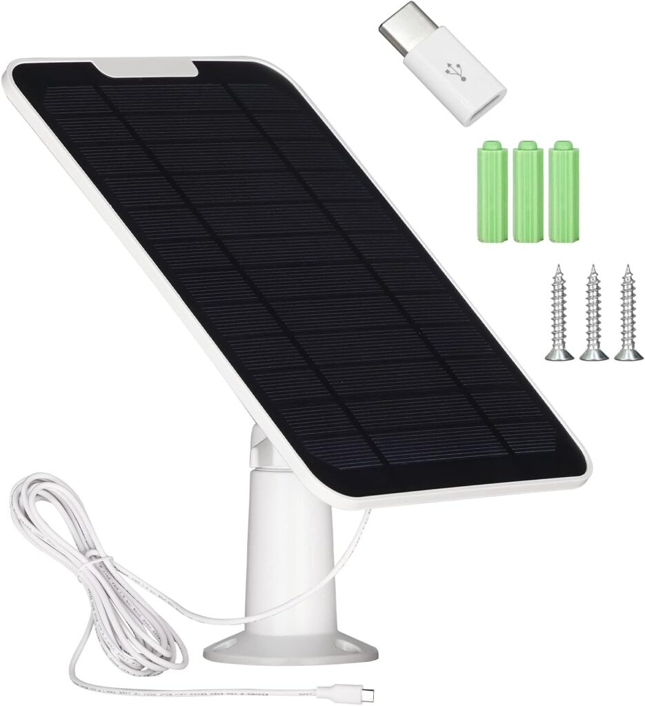 Upgrade 5V 6W Solar Panel for Security Camera, Compatible with Eufycam 2C/2C Pro/2/2 Pro/E20/E40/E, with Micro USB Port, USB-C Adapter and 9.8ft/3m Charging Cord, 1 Pack, White