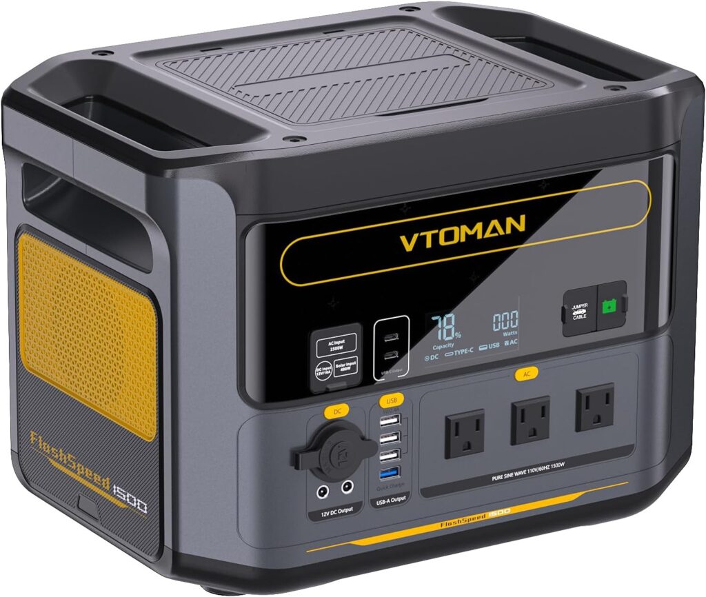 VTOMAN FlashSpeed 1500 Portable Power Station 1500W (3000W Peak), Recharge 0-100% within 1H, LiFePO4 (LFP) Battery Powered Generator with 3x 1500W AC Outlets, 6x USB Ports, for Home Backup  Camping