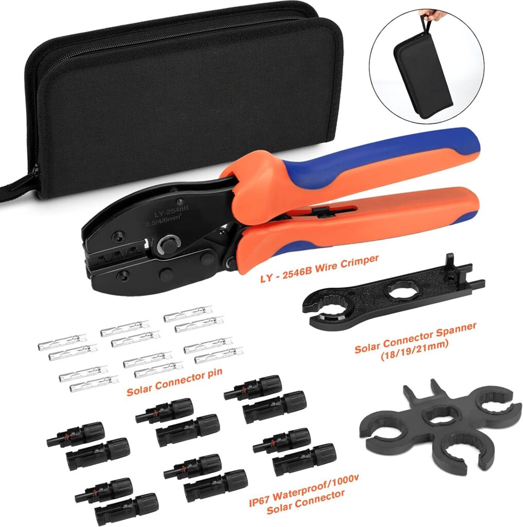 WELLUCK 27PCS Solar Crimping Tool Kit for Solar Panel Cable Wire, 1 Solar Crimper | 6 Pairs Male Female Solar Cable Connectors | 2pcs Spanner Wrench, Solar Crimping Kit for 10/11/12/13AWG Solar Wiring