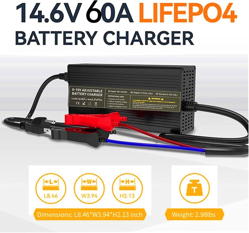 14.6V 60A High Power LifePO4 Battery Charger Smart ChargerMaintainer with 0-15V Adjustable Current and Voltage for 12V LiFePO4 Lithium-Iron Deep Cycle Rechargeable BatteriesBattery Desulfator(60A)