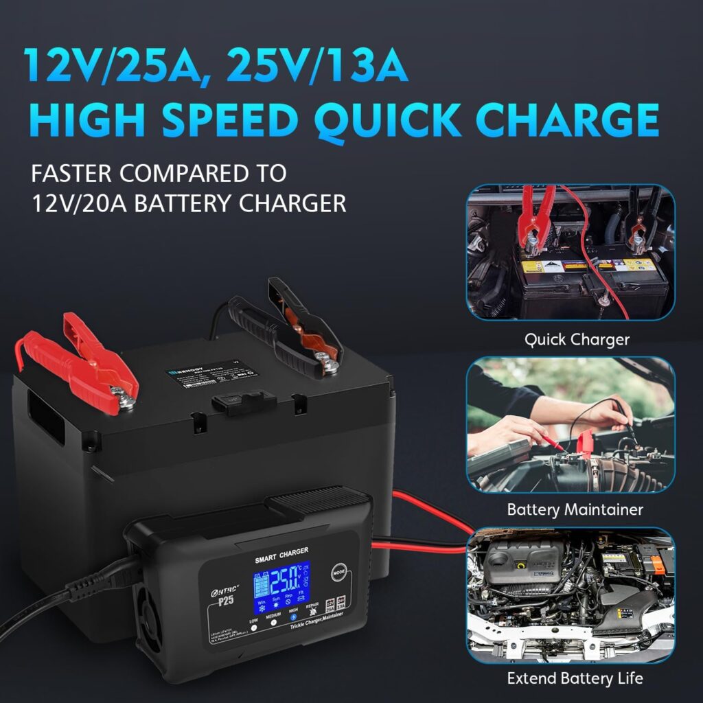 25-AMP Smart Car Battery Charger, 12V 25A and 24V 13A Automotive Charger, Battery Maintainer, Trickle Charger for Car, Motorcycle, Boat, Lead-Acid, Lithium, LiFePo4 Battery