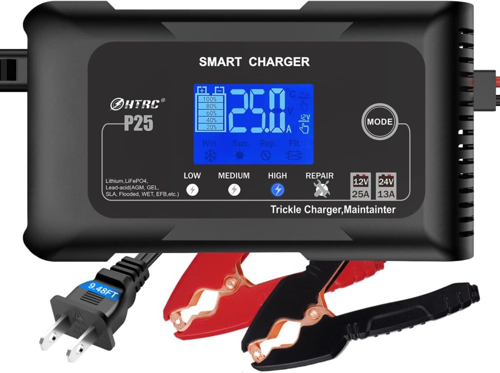 25-AMP Smart Car Battery Charger, 12V 25A and 24V 13A Automotive Charger, Battery Maintainer, Trickle Charger for Car, Motorcycle, Boat, Lead-Acid, Lithium, LiFePo4 Battery