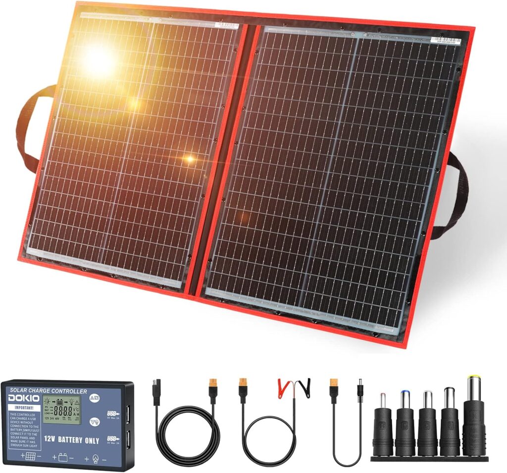 DOKIO 220W 18V Portable Solar Panel Kit Folding Solar Charger with 2 USB Outputs for 12v Batteries/Power Station AGM LiFePo4 RV Camping Trailer Car Marine
