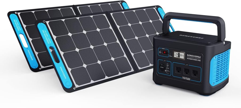 Geneverse 1002Wh (1x2) Solar Generator Bundle: 1X HomePower ONE Portable Power Station (3X 1000W AC Outlets) + 2X 100W Solar Panels. Quiet, Indoor-Safe Backup Battery Power Generator For Home Devices