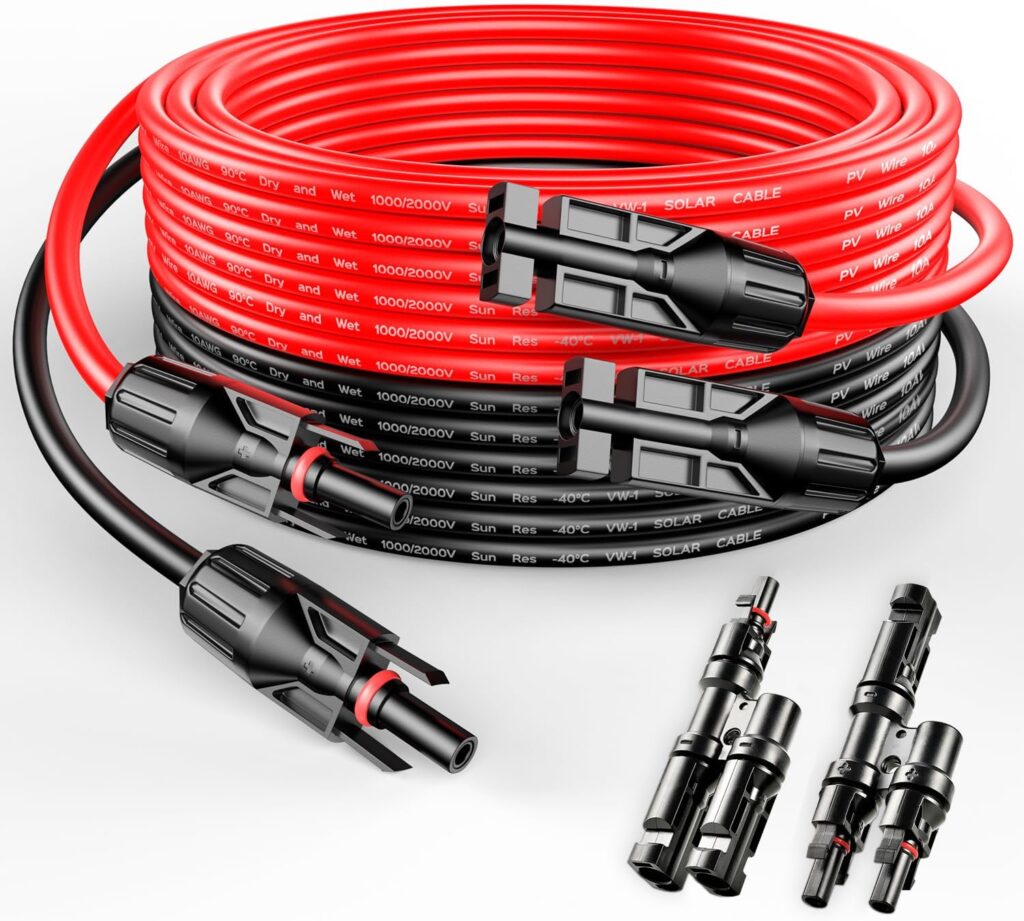 RICH SOLAR 10 Gauge 10AWG One Pair 20 Feet Red + 20 Feet Black Solar Panel Extension Cable Wire with Female and Male Connectors+T Branch Connectors (20FT 10AWG+T2)