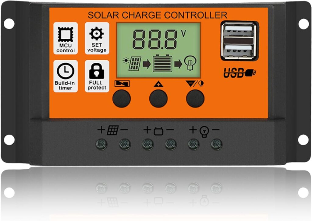 RIDROID 10A Solar Panel Charge Controller 12V/24V,LCD Display,Timer Setting ON/Off,Dual USB,IP65,Auto Parameter
