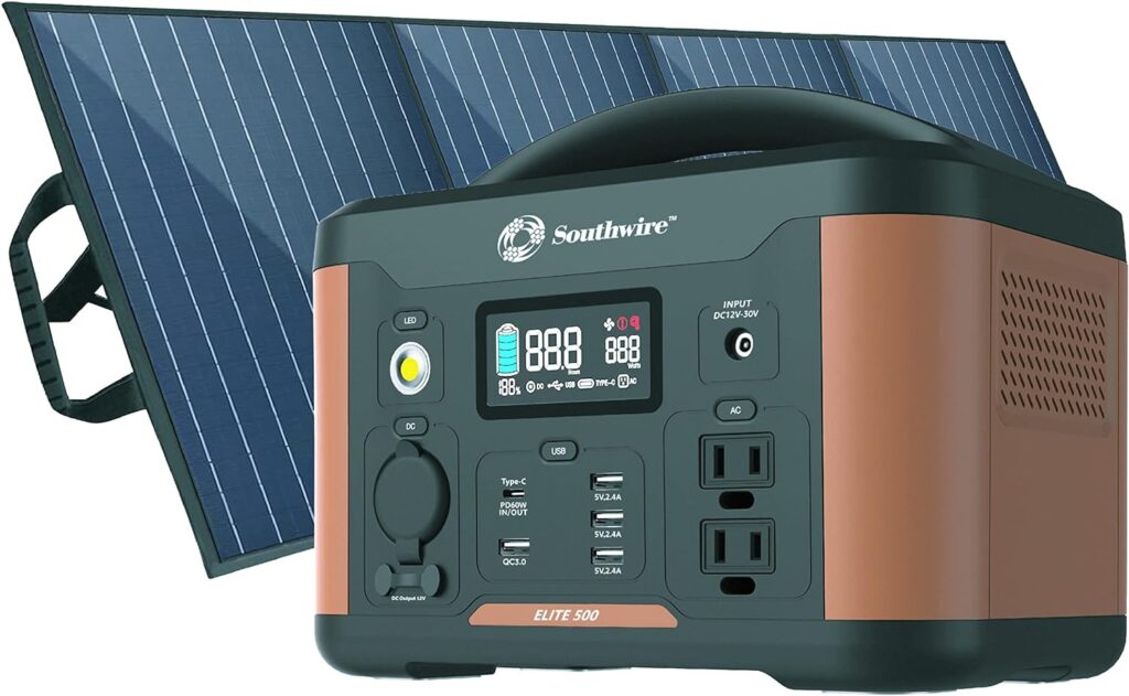 Southwire Elite 500 Series, 515Wh Backup Lithium Battery, 120V/500W Pure Sine Wave AC Outlet, Solar Generator, with 100W Solar Panel Included for Home Backup Power, Emergency Power, Camping and more