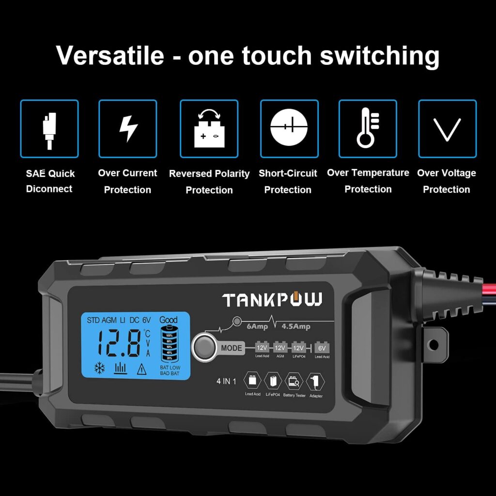 TANKPOW 6-Amp Battery Charger,6-Stage Trickle Charger for 6V 12V 14.6 AGM Gel Lithium(LiFePO4) and Automotive Batteries, Battery Maintainer and Desulfator,Efficient Charging with LCD Display