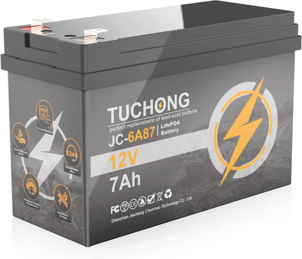 TUCHONG Lithium Battery, Upgrade 12V 7Ah LiFePO4 Battery, Up to 5000+ Cycle Times and 10-Year Lifetime, Rechargeable Fast Charging Ideal for Small UPS, Solar Power, Fish Finder, and Speaker