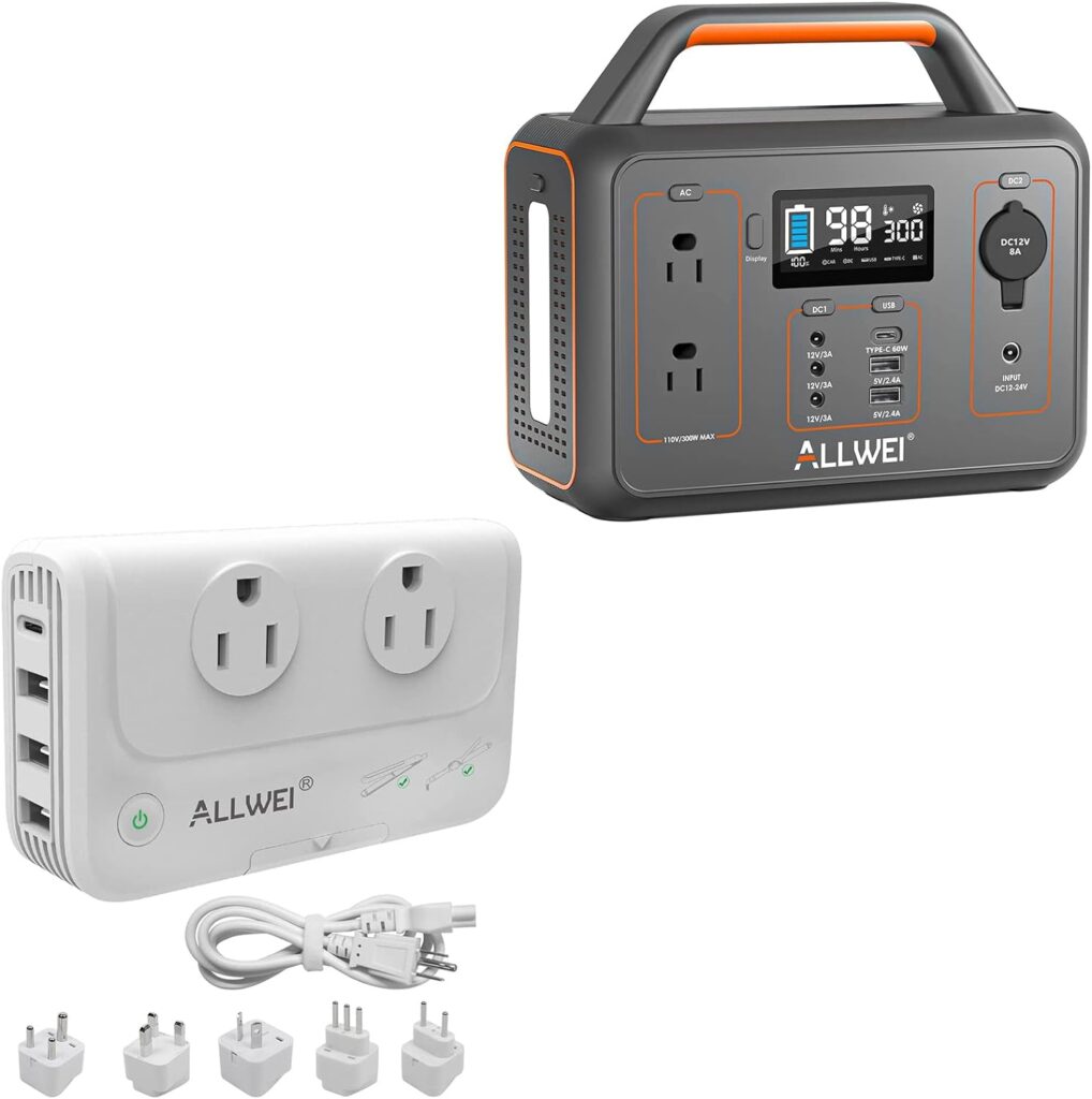 ALLWEI 300W Portable Power Station and 220V to 110V White International Travel Adapter, 280Wh Backup Lithium Battery, USB-C PD60W, 110V Pure Sine Wave AC Outlet, 78000mAh Solar Power Generator