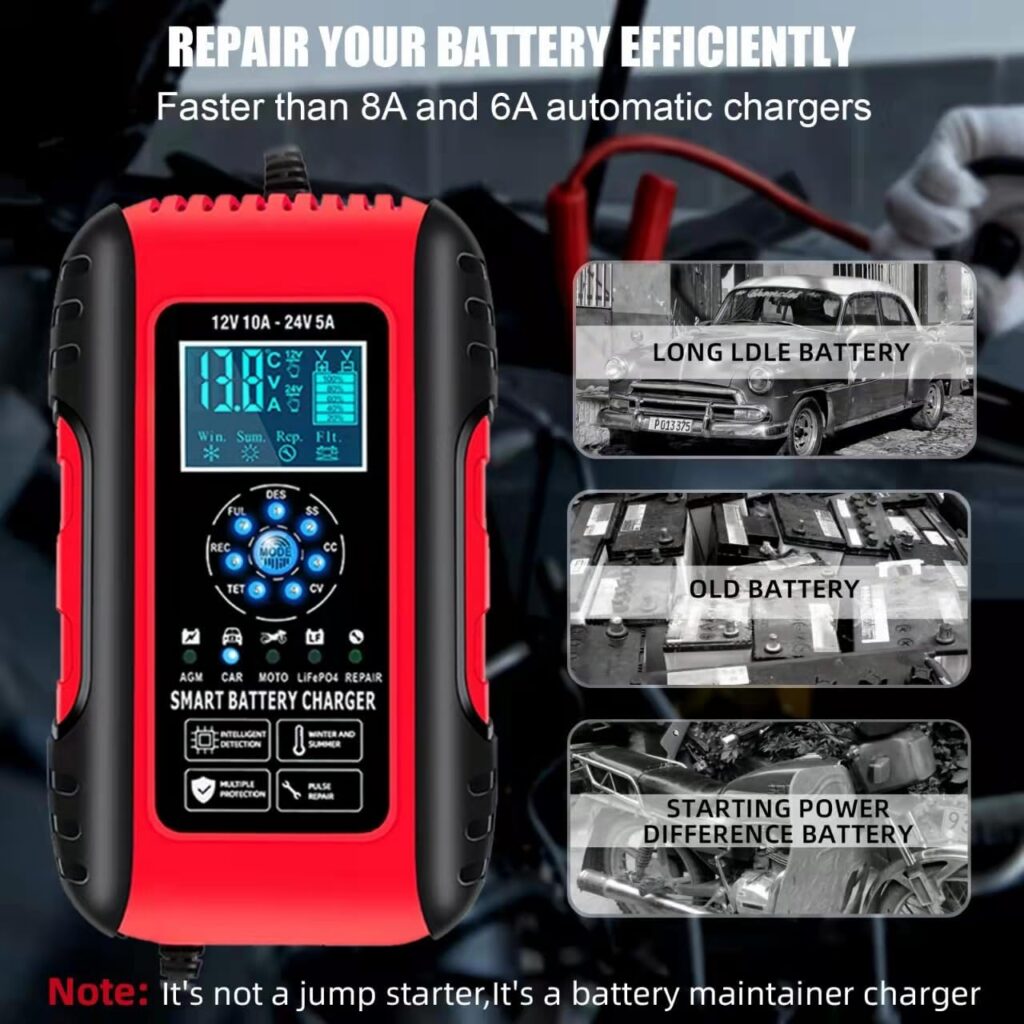 Car Battery Charger,10A 12V/24V Auto Battery Charger Automotive, 2 in1 Upgrade 7 Stage Battery Maintainer, Trickle Charger, for lifepo4 Truck Trailer Motorcycle AGM Lawn Mower Boat Lead Acid Battery