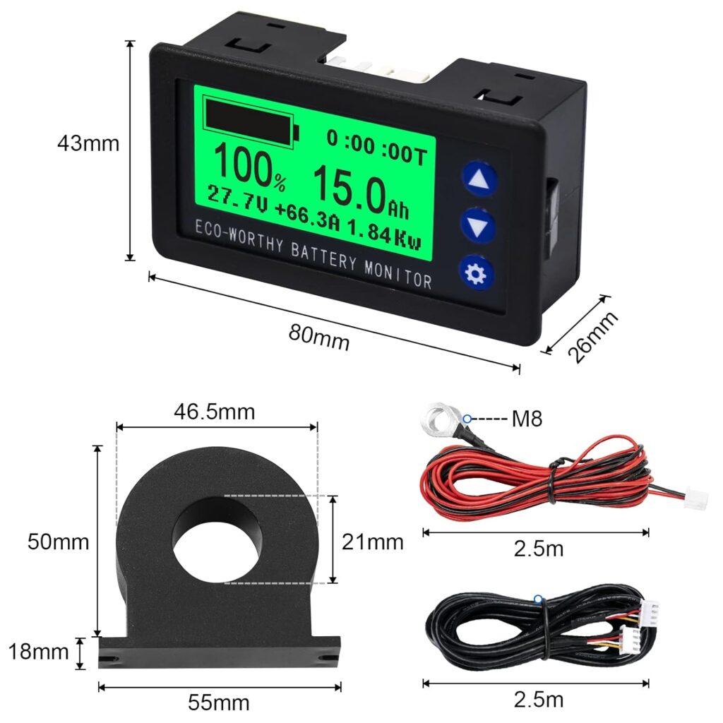 ECO-WORTHY 200A Battery Monitor, Easy DIY with Hall Sensor, 0-100V Battery Meter with Program, Auto Detection,for 12V/24V/36V/48V Li-ion/LiFePO4/AGM/Gel Battery in Golf Cart/RV/Solar System