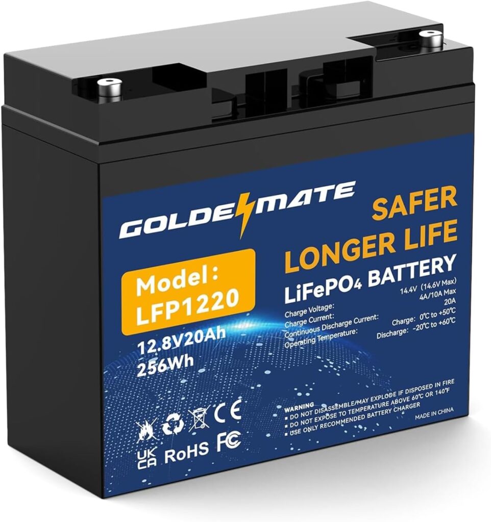 GOLDENMATE 12V 20Ah Lithium LiFePO4 Deep Cycle Battery, Rechargeable Battery Up to 2000-7000 Cycles, Built-in BMS, Lithium Iron Phosphate for Solar, Marine, Energy Storage, Off-Grid Applications