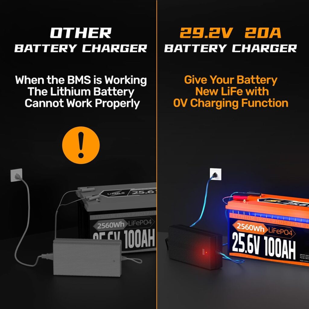 LiPULS 29.2V 20A Charger for 24V LiFePO4 Batteries, with LED Indicators, 4 Safety Protections, Support Fast Charging and 0V Charging Function