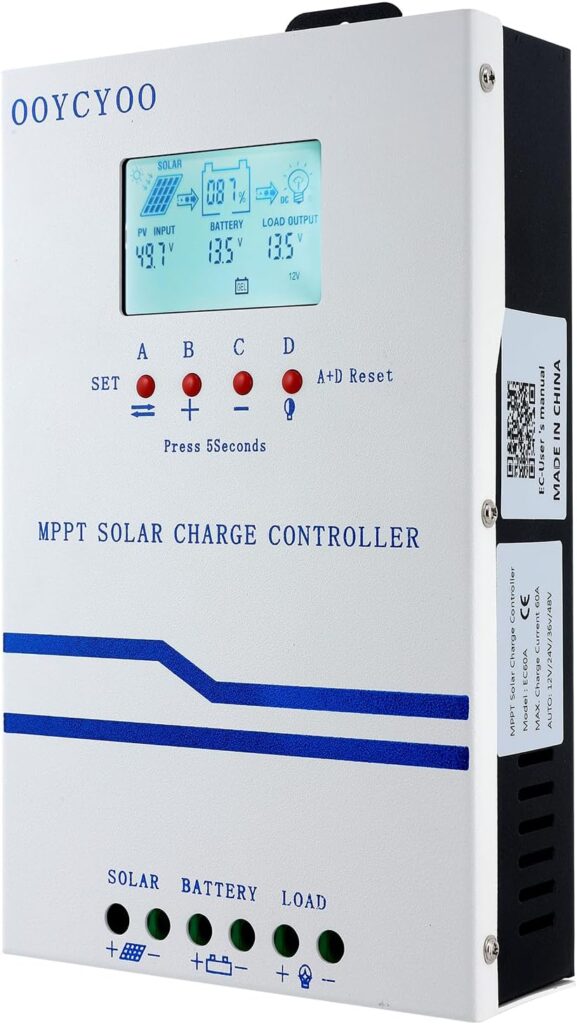 OOYCYOO MPPT Solar Charge Controller 60 amp, 12V 24V 36V 48V Auto 60A Solar Panel Charge Regulator, Max 160V Input with LCD Display for Lead-Acid Sealed Gel AGM Flooded Lithium Battery