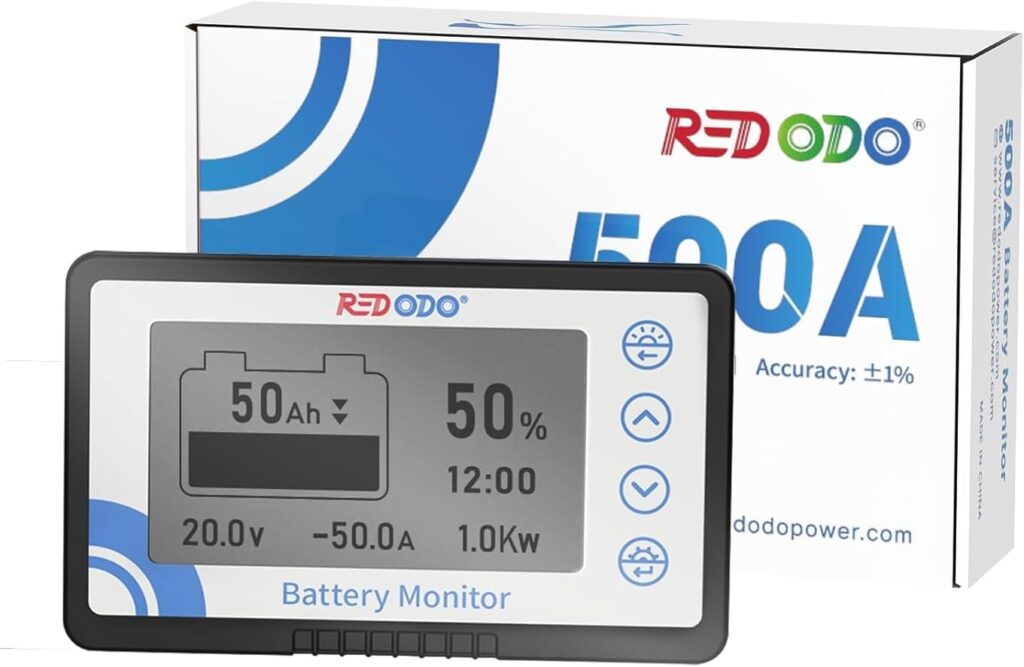 Redodo Battery Monitor with Shunt, Battery Meter Voltage Range 8V-120V and up to 500A, 20ft Shielded Cable, High and Low Voltage Programmable Alarm Compatible with LiFePO4 Battery, Gel, Lead-Acid