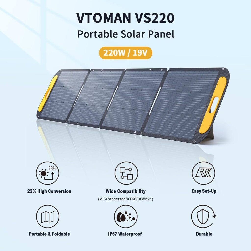 VTOMAN Portable Solar Panel for Power Station, 220W 19V Foldable Solar Panel w/Supporting Stand, High 23% Efficiency Monocrystalline Solar Cells for Backyard Trip Off Grid System (VS220)