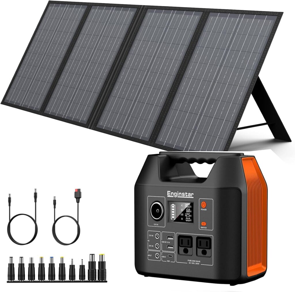 EnginStar Portable Power Station, 300W 296Wh Battery Bank with 110V Pure Sine Wave, 60W Foldable Solar Panel with 18V DC Outlet for Portable Power Stations