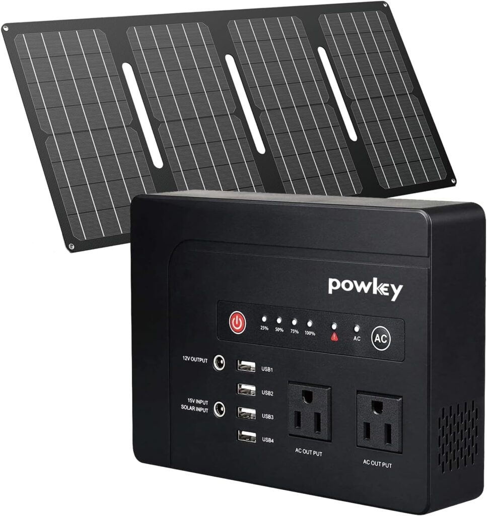 Powkey 200W Solar Generator, 146Wh Portable Power Station with Pure Sine Wave AC Outlet, Backup Lithium Battery, 40W Solar Panel Charger for Outdoors Camping Travel Hunting Emergency