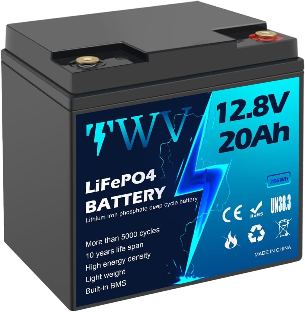 12V 20Ah LiFePO4 Deep Cycle Rechargeable Battery, Built-in 20A BMS, Perfect for Alarm System, RV, Solar, Fish Finder