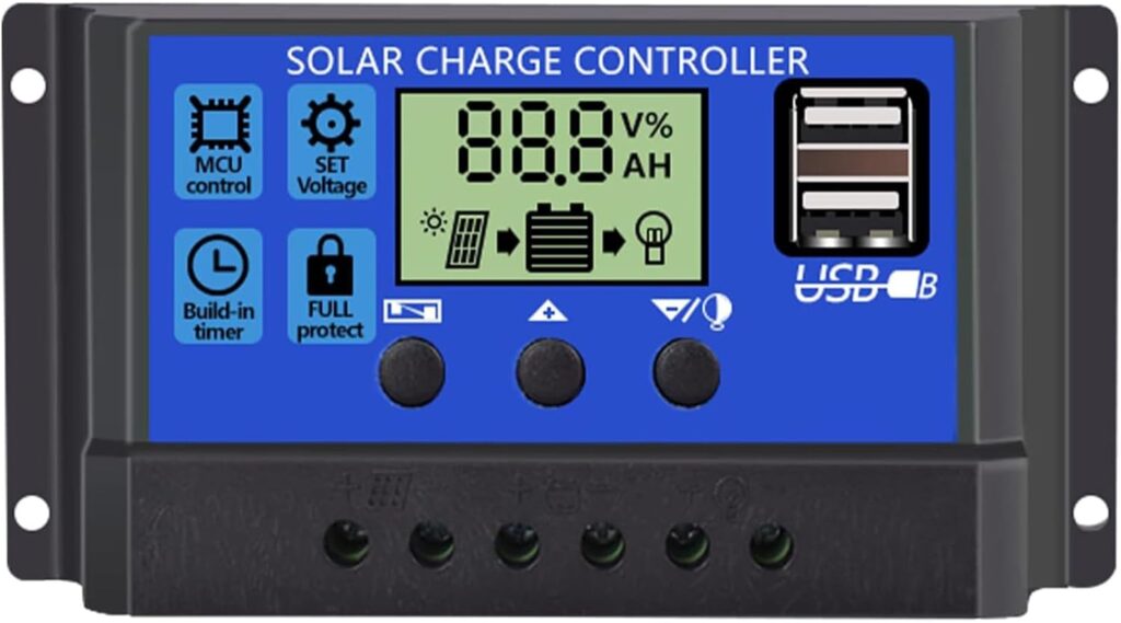 12V/ 24V Auto Solar Charge Controller Photovoltaic Panel Regulator with Adjustable LCD Display Dual USB Port Timer Setting PWM Auto Parameter (30 A)