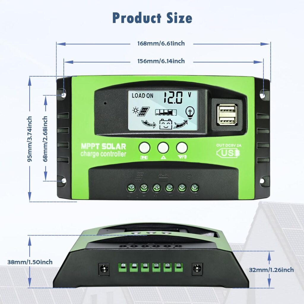 60A MPPT Solar Charge Controller, 12V/24V Auto Tracking Solar Panel Regulator with LCD Display Dual USB Port Multiple Load Control Modes Timer Setting, Fit for Gel Sealed Flooded and Li Battery(Green)