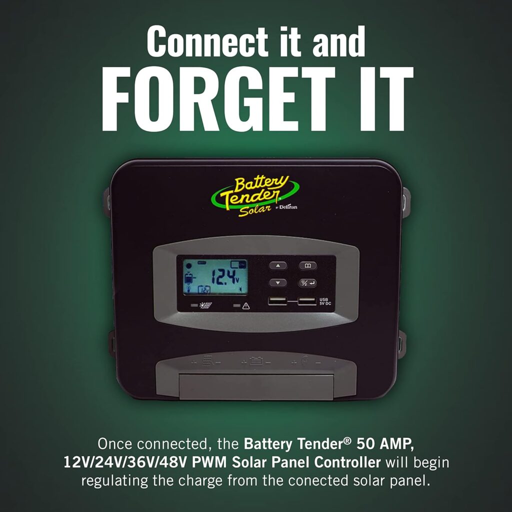 Battery Tender 50 AMP PWM Solar Charge Controller with Dual USB Port and LCD Screen, Suitable for 12, 24, 36, 48 Volt Lead Acid, AGM, Gel, and 12 Volt Lithium Batteries