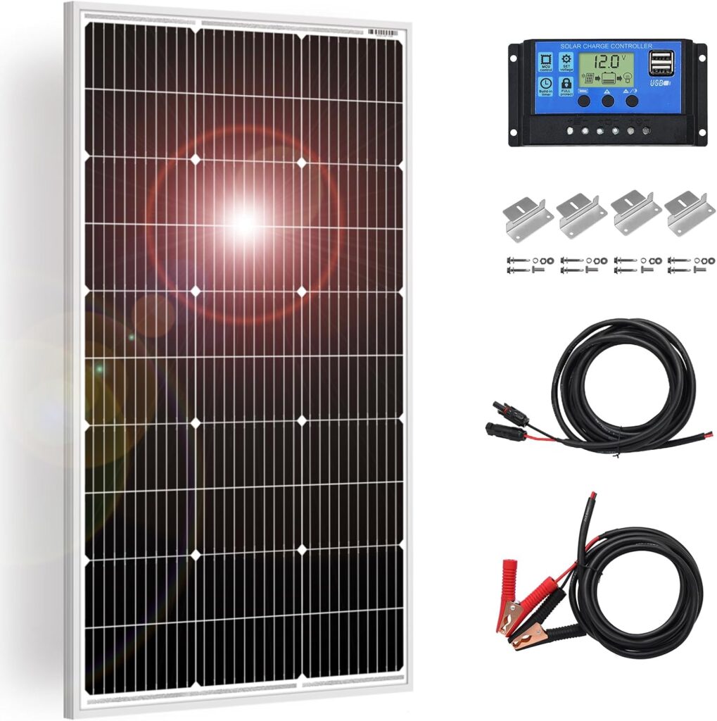 DOKIO 100w 18v Solar Panel Monocrystalline to Charge 12v Battery(Vented AGM Gel) or Off-Grid/RV,Boat:100W Solar Panel + Controller + 5M MC4 Extension Cable+3M Alligator Clips+Mounting Z Brackets