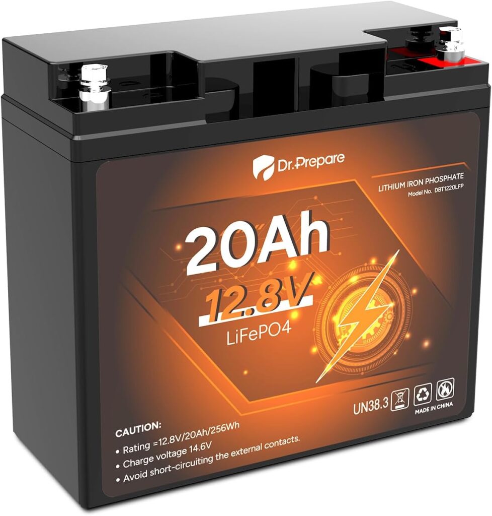 DR.PREPARE 12V 20Ah Lithium LiFePO4 Deep Cycle Battery, 4000+ Cycles Lithium Ion Phosphate Rechargeable Battery with Built-in 20A BMS for Solar, Fish Finder, UPS, Power Wheels, Lighting, Alarm System