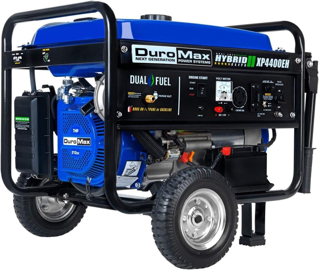 DuroMax XP4400EH Dual Fuel Portable Generator-4400 Watt Gas or Propane Powered Electric Start-Camping  RV Ready, 50 State Approved, Blue and Black